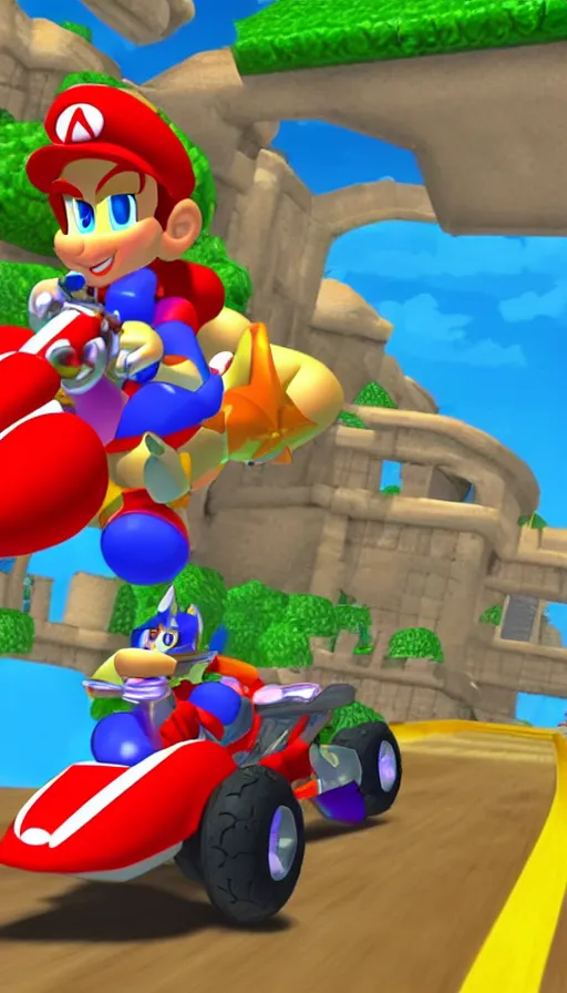 Image similar to shantae racing on mach bike in bowser’s castle mario kart 64