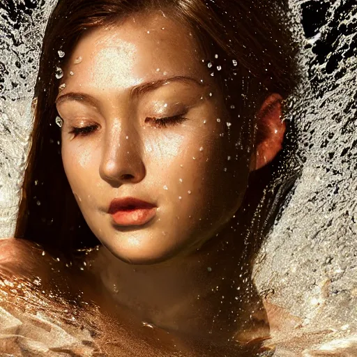 Image similar to water artwork manipulation in the shape of a beautiful female head, on the ocean water, ray tracing, realistic water sharp focus, long shot, 8 k resolution, cinematic, amazing water art, hyper realistic