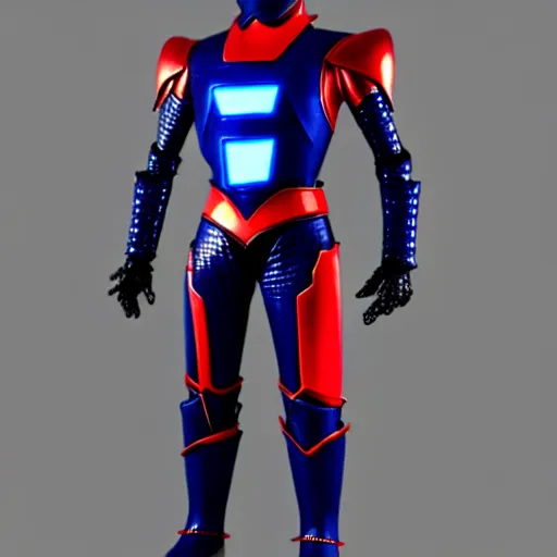 Prompt: Hard Science Fiction Kamen Rider, dark blue armor with red secondary color glowing eyes, daytime, grey rubber undersuit