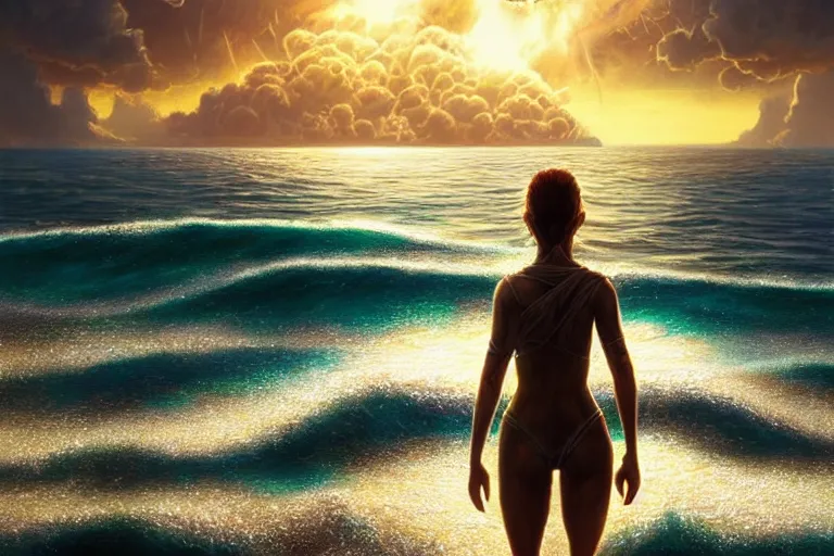 Image similar to detailed intricate digital illustration by greg rutkowski and artgerm and wlop and sanford robinson gifford ; nuclear bomb radiating bright, blinding lens flare across the horizon of a serene ocean, beautiful, glistening water and waves ; 1 3 mm film, arri alfa anamorphic lens, golden hour lighting ; sharp focus ; trending on artstation 8 k