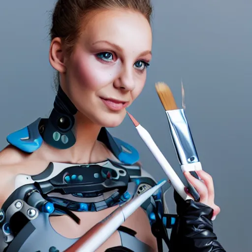 Image similar to a futuristic cyborg holding a paintbrush
