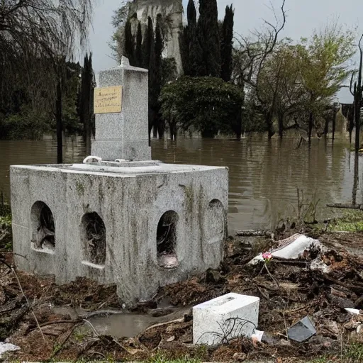 Image similar to The installation art shows a grave that has been flooded with water. The grave is located in a cemetery in Italy. The water in the grave is dirty and there is trash floating in it. The grave is surrounded by a fence. by Nikolai Ge, by Joe Quesada rigorous