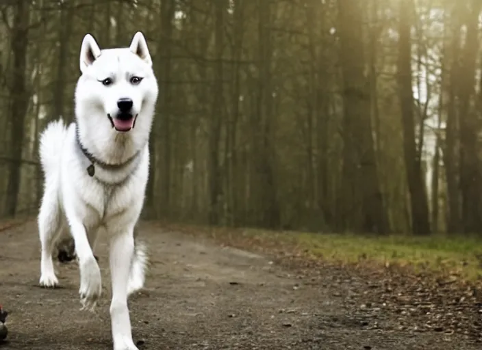 Image similar to film still of an anthropomorphic standing upright man dog white vested husky!!!!!! in a white vest wearing a white vest!!!!! in the new sci - fi movie, 8 k