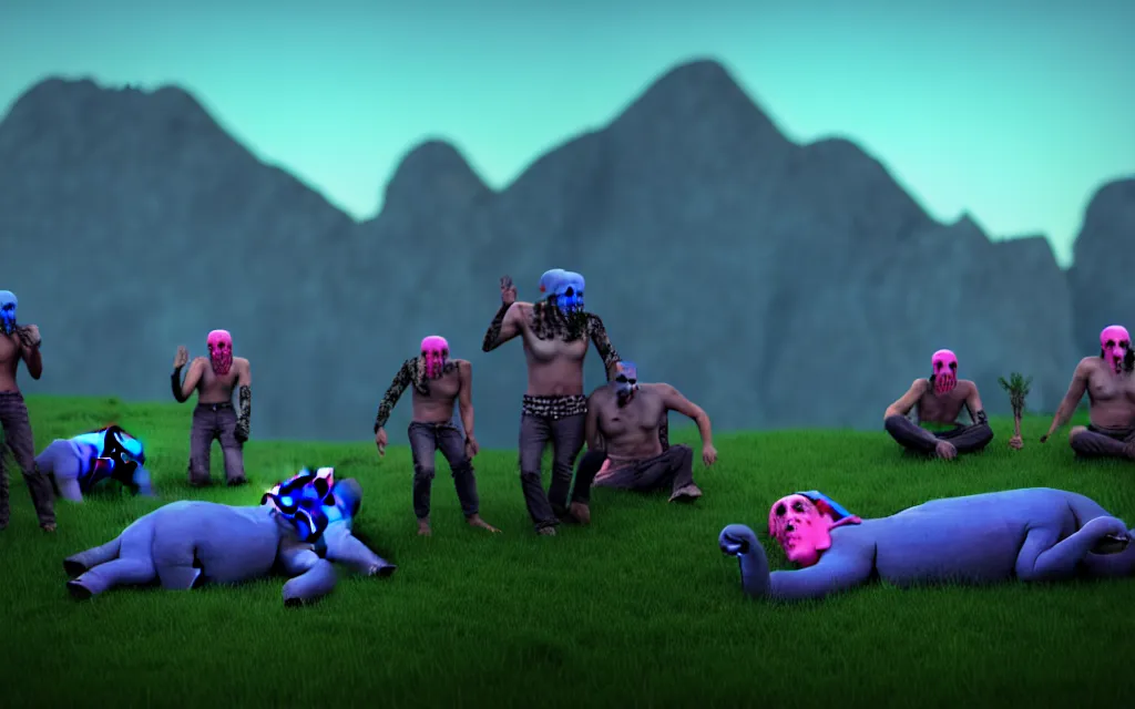 Prompt: a crowd of necromancers dressed in blue around a person in green clothing and a pink elephant face mask, lying on top of a rectangular rock in the center, mountains in the background, twilight lighting, ultra realistic, cycles render engine, 8 k,