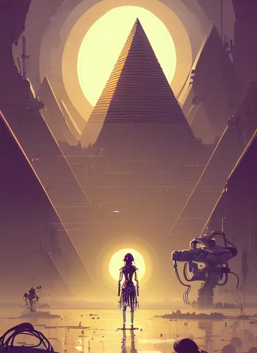 Image similar to highly detailed portrait of a robotoc cyborg long curly white hair nomadic tribal lady, stray wiring by atey ghailan, james gilleard, by joe fenton, by greg rutkowski, by greg tocchini, by kaethe butcher, 4 k resolution, gradient yellow, black and white color scheme!!! ( ( sandstorm robotic pyramid landscape background ) )