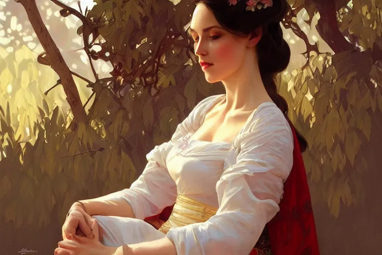 Image similar to Sensual beautiful perfect Polish woman in Polish traditional dress, portrait, elegant, intricate, digital painting, artstation, concept art, smooth, sharp focus, illustration, art by artgerm and greg rutkowski and alphonse mucha