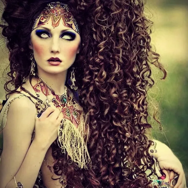 Prompt: ethereal beautiful woman with long curly hair in romany gypsy outfit, high detail, detailed dark eyes, brown dark aesthetic