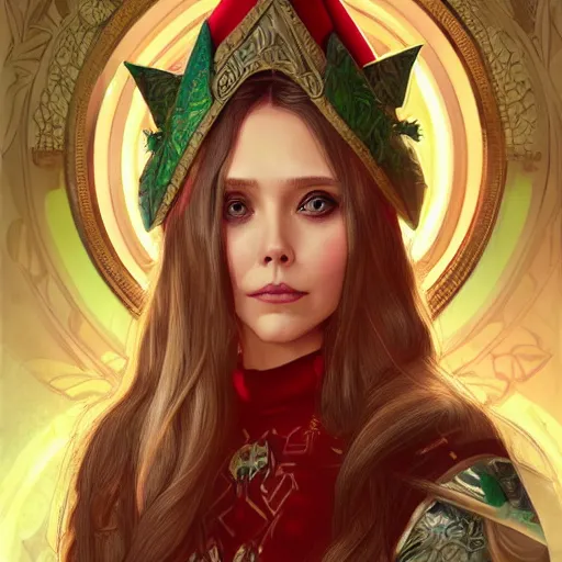 Image similar to Elizabeth Olsen as a elf archer, cute, fantasy, intricate, elegant, highly detailed, centered, digital painting, artstation, concept art, smooth, sharp focus, illustration, art by artgerm and H R Giger and alphonse mucha