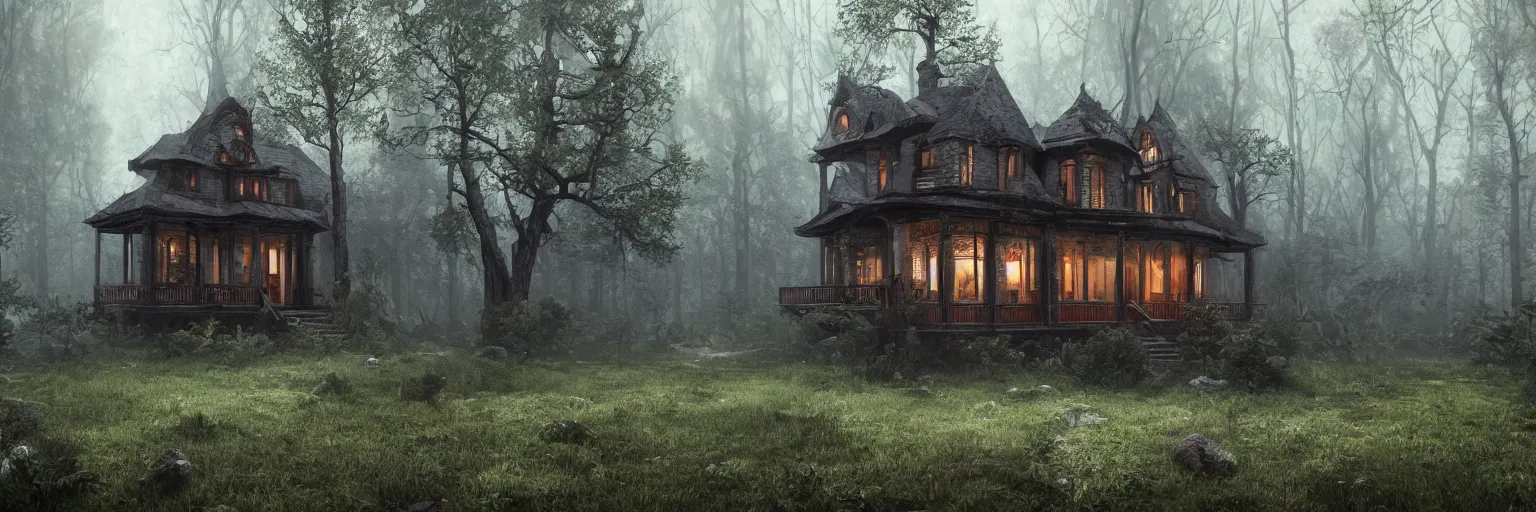 Prompt: victorian house made of wood in a dark forest with obsidian trees and Opal flowers, jade, lapis, eerie, painting, trending on artstation, octane render, atmospheric lighting, misty, rain