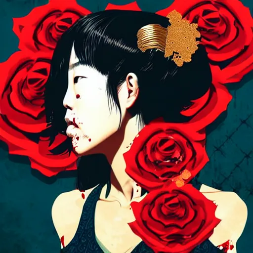 Image similar to portrait of japenese woman :: side profile :: in ocean :: roses and guns metal details :: gold :: blood and horror :: by marvel and Sandra Chevrier