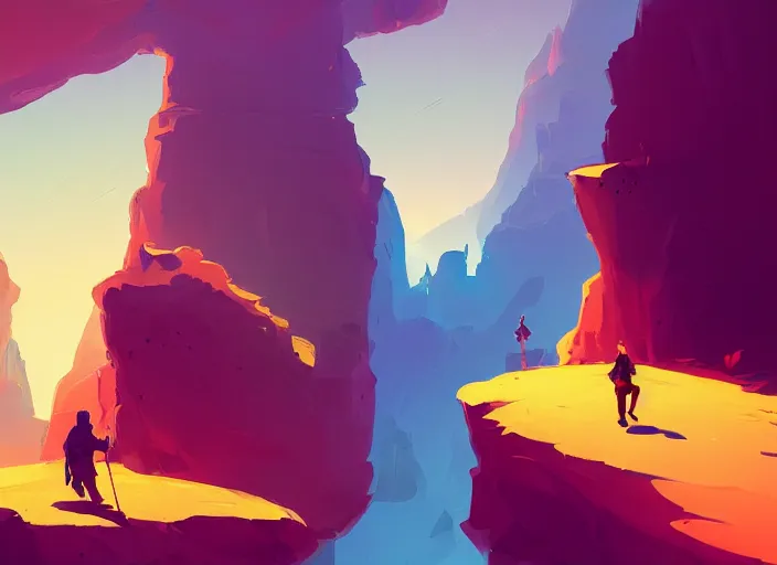 Prompt: a painting of a man walking through a canyon, a digital painting by anton fadeev, behance contest winner, fantasy art, speedpainting, 2 d game art