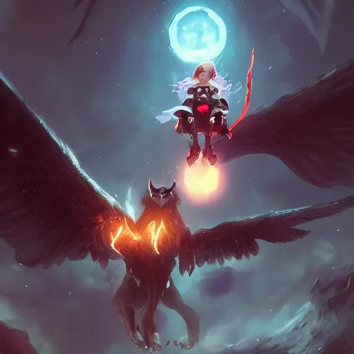 Image similar to a super cute demon riding on owl, anime, manga, kawaii, avtar, magical world, by greg rutkowski, sung choi, photo realistic, 8 k, cinematic lighting, hd, atmospheric, hyperdetailed, trending on artstation, devainart, digital painting, glow effect