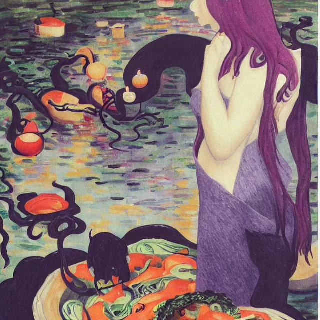 Image similar to tall female catgirl artist holding vegetables in her flooded kitchen, pomegranates, octopus, water gushing from ceiling, painting of flood waters inside an artist's apartment, a river flooding indoors, candles, ikebana, zen, rapids, waterfall, black swans, canoe, berries, acrylic on canvas, surrealist, by magritte and monet