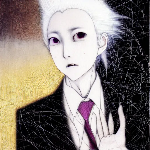 Prompt: yoshitaka amano blurred and dreamy realistic portrait of a woman with white hair and black eyes wearing office suit with tie, junji ito abstract patterns in the background, satoshi kon anime, noisy film grain effect, highly detailed, renaissance oil painting, weird portrait angle, blurred lost edges, three quarter view