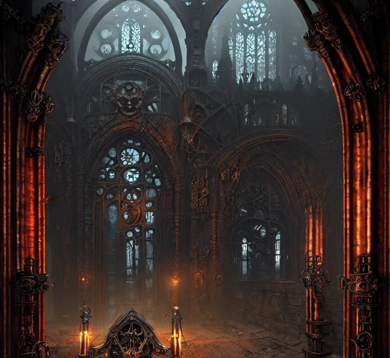 Image similar to steam necropolis, memento mori, gothic, neo - gothic, art nouveau, hyperdetailed copper patina medieval icon, stefan morrell, philippe druillet, ralph mcquarrie, concept art, steampunk, unreal engine, detailed intricate environment, octane render, moody atmospherics, volumetric lighting, ultrasharp, ominous, otherworldly