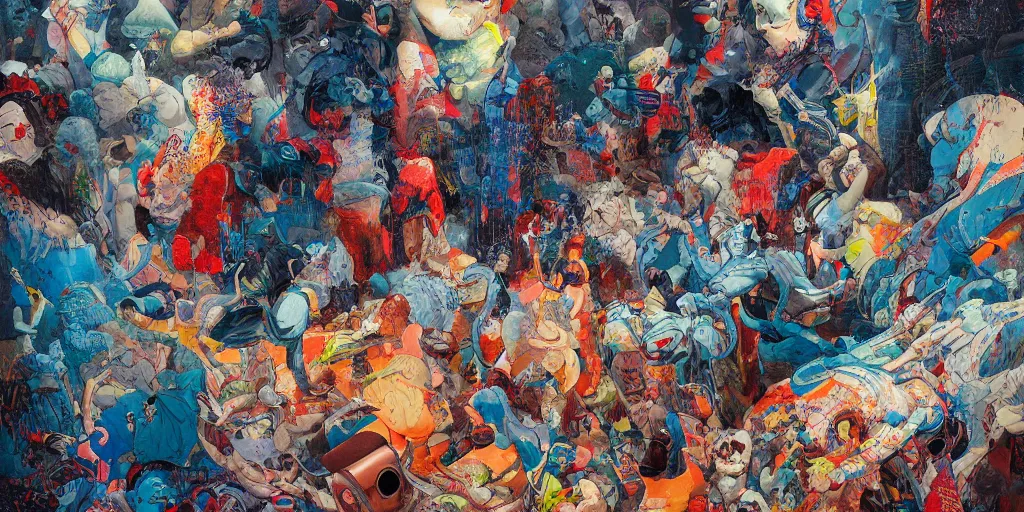 Image similar to highly textured oil painting modern art abstract exhibition with alot of people by james jean and katsuhiro otomo and erik jones, inspired by akira anime, smooth texture, intricate oil painting, high detail illustration, sharp high detail, long exposure