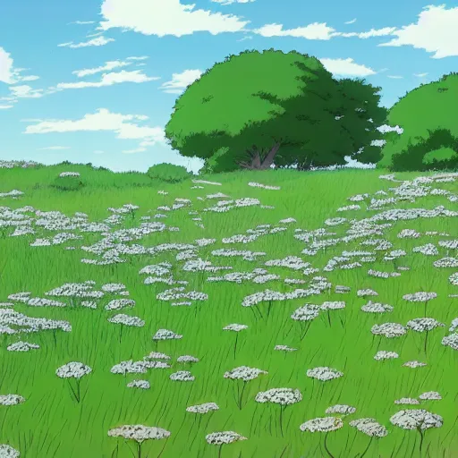 Image similar to A wide-up shot of a sea of withe dandelions with green wind blowing, anime style, Studio Ghibli style, cel shading,