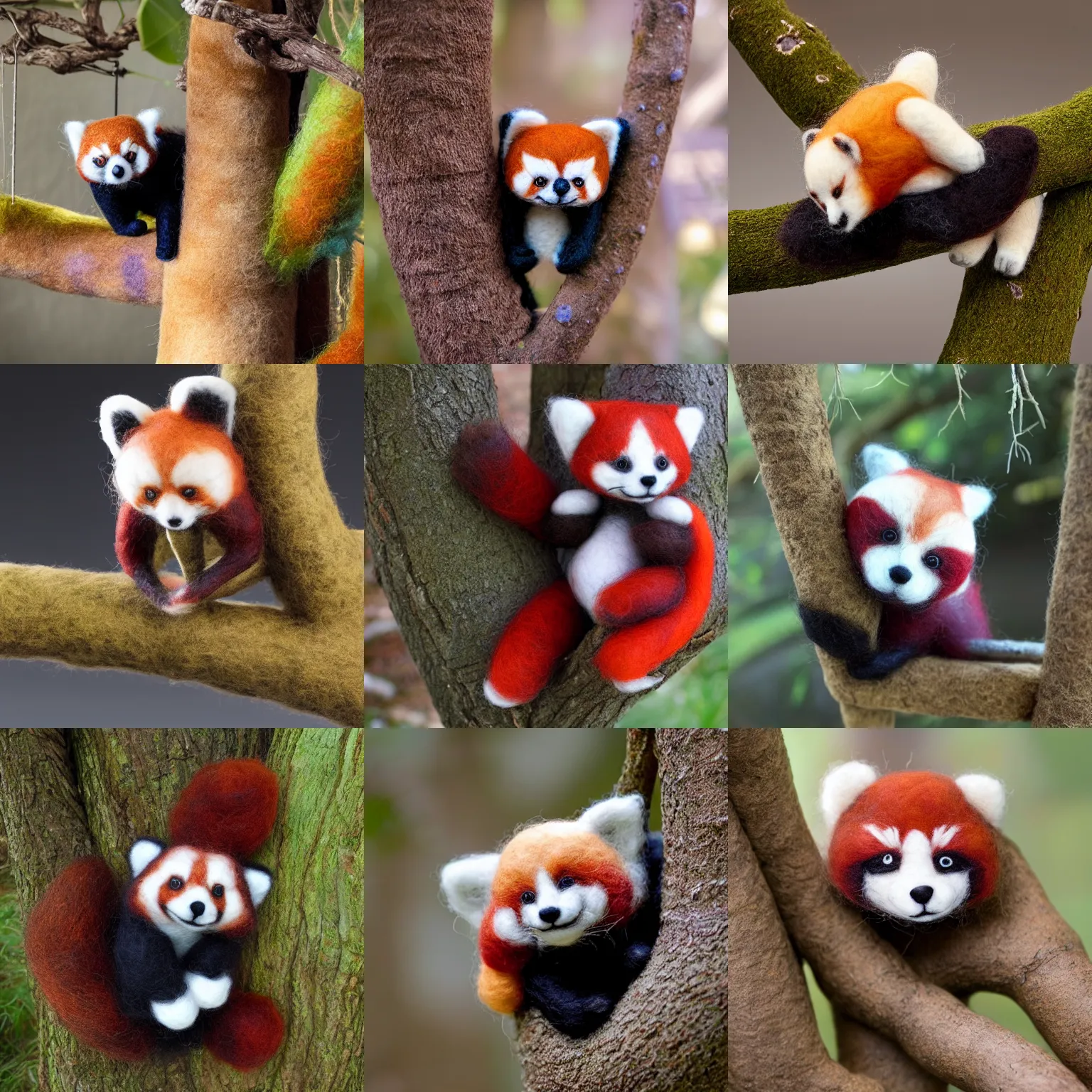 Prompt: needle felted red panda straddling a tree branch, sleeping, all four legs dangling, highly detailed, fluffy, soft, poofy, bristly fur, tilt shift, cute, hyperrealism, highly textured, god rays