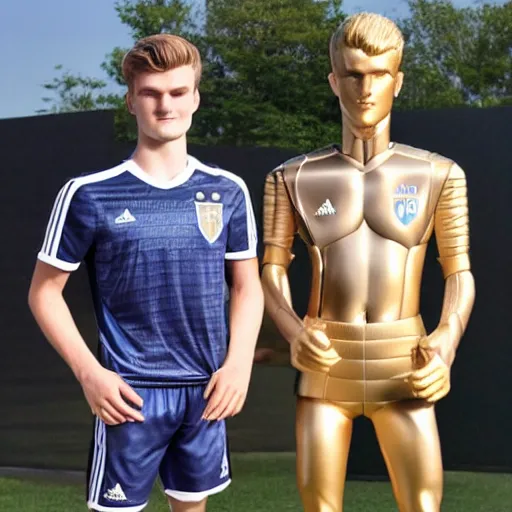 Image similar to a realistic detailed photo of a guy who is an attractive humanoid who is half robot and half humanoid, who is a male android, soccer players martin ødegaard & timo werner, shiny skin, posing like a statue, blank stare, by the pool, on display, showing off his muscles, gold soccer shorts, no jersey, statue, many copies of them