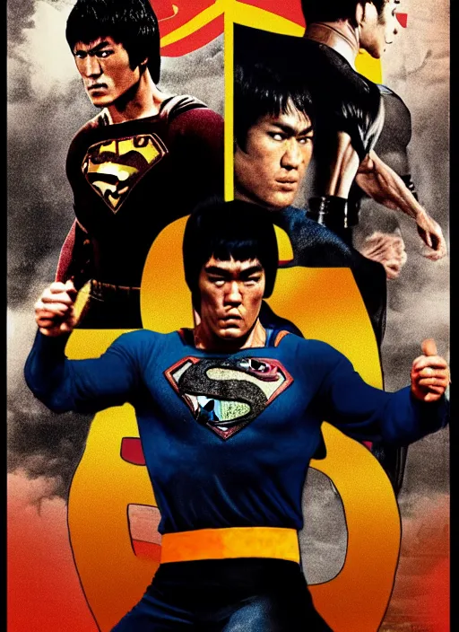 Image similar to Film poster Bruce lee fights VS superman, full body, detailed and realistic, 4k, filmic render