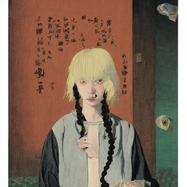 Image similar to tall emo girl artist holding a dried fish, at odawara castle, books, small portraits, persimmon, pigs, acrylic on canvas, surrealist, by magritte and monet
