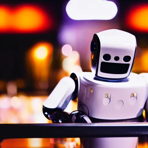 Prompt: a close up photograph of a robot crying alone at a bar, 40mm lens, focused
