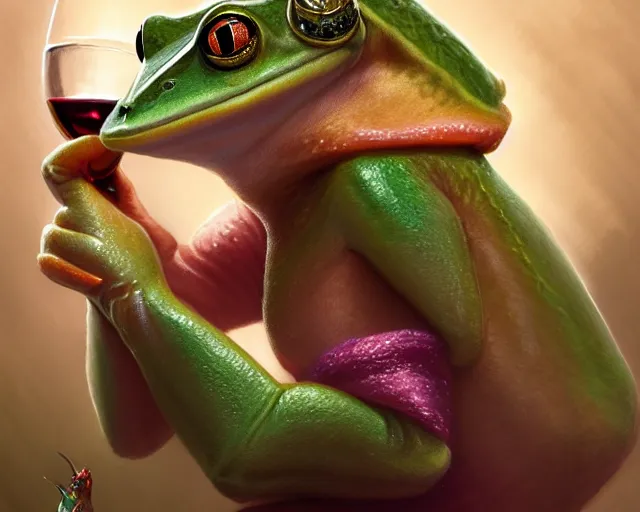 Prompt: photography of princess frog drinking wine, d & d, fantasy, intricate, elegant, highly detailed, digital painting, artstation, concept art, matte, sharp focus, illustration, hearthstone, art by artgerm and greg rutkowski and alphonse mucha