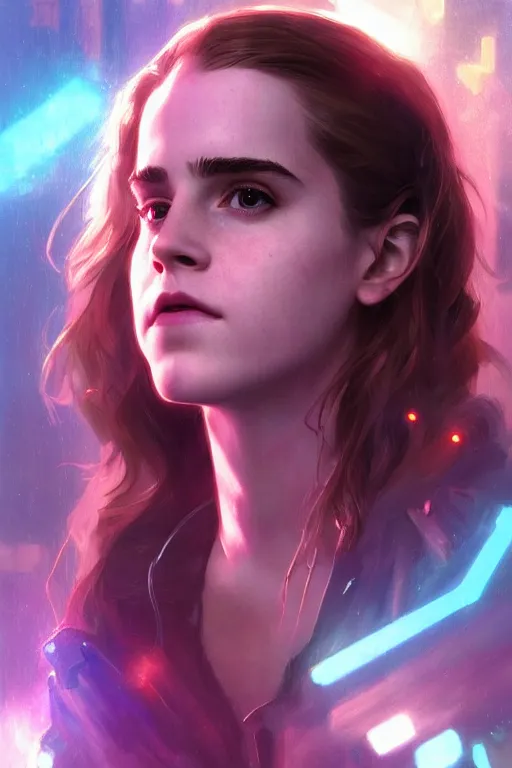Image similar to portrait of cyborg Emma Watson as Hermione Granger in cyberpunk, neon lighting, night city, digital art from artstation by Ruan Jia and Mandy Jurgens and Artgerm and william-adolphe bouguereau and Greg Rutkowski and Wayne Barlowe