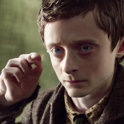 Image similar to Film Still of a elijah wood playing Harry Potter, Film Still, realistic, hyperrealistic, very realistic, very very realistic, highly detailed, very detailed, extremely detailed, detailed, detailed face, very detailed face, very detailed face, realism, HD Quality, 8k resolution, intricate details, body and head in frame, Real Life