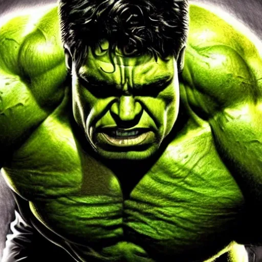 Prompt: ultra realistic detailed pen drawing of the incredible hulk face, eric bana, marvel cinematic universe, dramatic lighting, fine texture, fine hair strands, green skin, photo realism