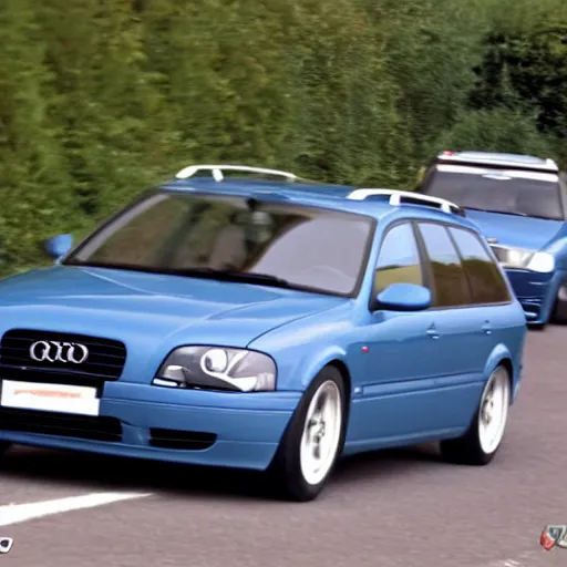 Image similar to denim blue audi a 4 b 6 avant ( 2 0 0 2 ) mowing down a crowd