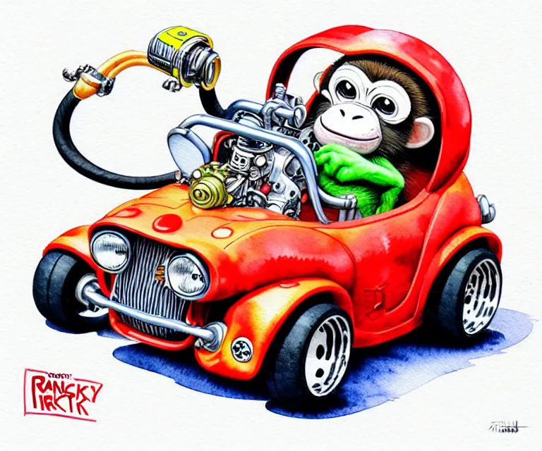 Image similar to cute and funny, monkey wearing a helmet riding in a tiny hot rod with oversized engine, ratfink style by ed roth, centered award winning watercolor pen illustration, isometric illustration by chihiro iwasaki, edited by range murata, tiny details by artgerm, symmetrically isometrically centered