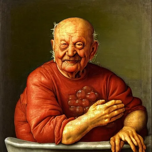 Image similar to a 9 0 year old boy sitting in a tub full of tomato sauce, a lot of cabbage, by giuseppe arcimboldo and ambrosius benson, renaissance, portrait, fruit, intricate and intense oil paint, realistic