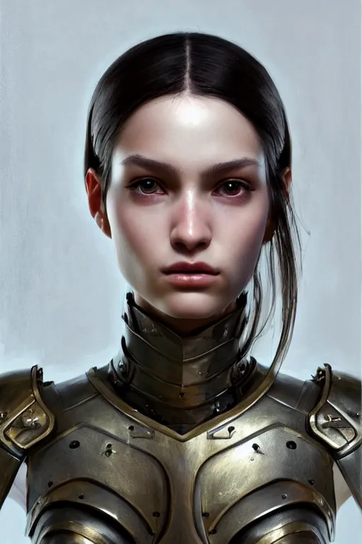 Image similar to a photorealistic character portrait of an attractive young girl, partially clothed in metal-plated battle armor, olive skin, long dark hair, beautiful bone structure, symmetrical face, perfect eyes, intricate, elegant, digital painting, concept art, illustration, sharp focus, minimal artifacts, volumetric lighting, from Metal Gear, in the style of Ruan Jia and Mandy Jurgens and Greg Rutkowski, trending on Artstation, award winning