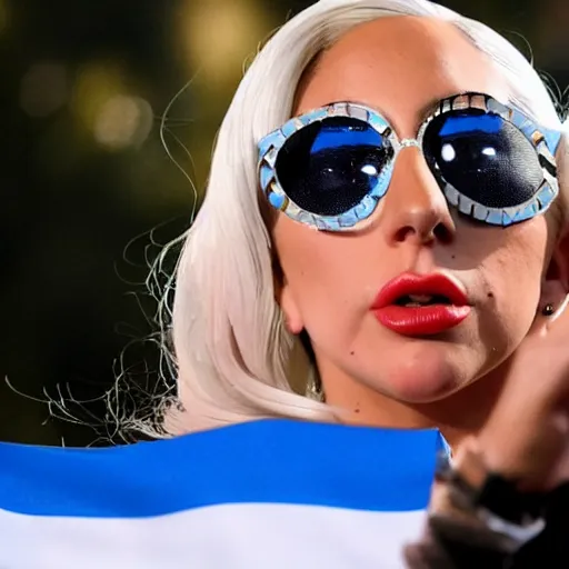 Image similar to Lady Gaga as president, Argentina presidential rally, Argentine flags behind, bokeh, giving a speech, detailed face, Argentina