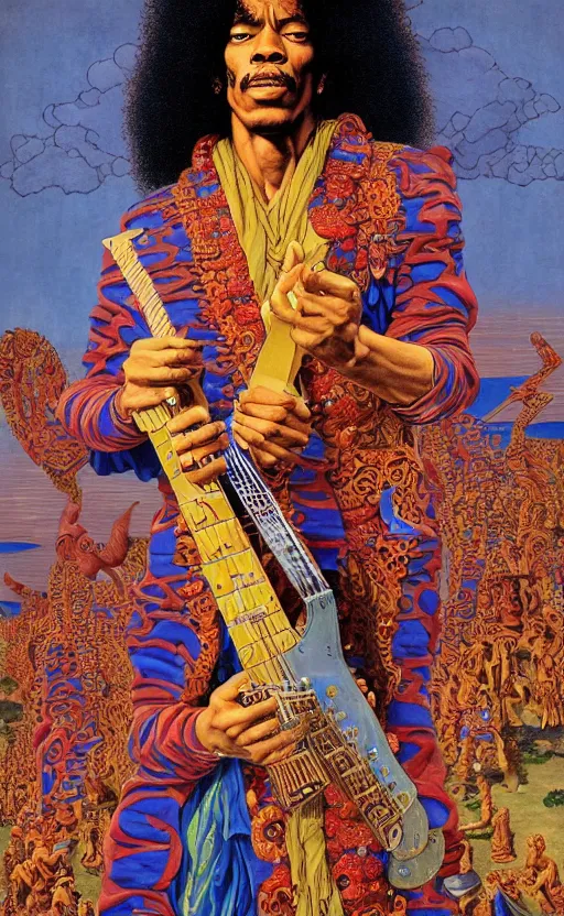 Prompt: an astonishing and hilarious jean giraud work of art of jimi hendrix in the style of a renaissance masters portrait, mystical and new age symbolism and tibetan book of the dead imagery, intricately detailed, 4 k