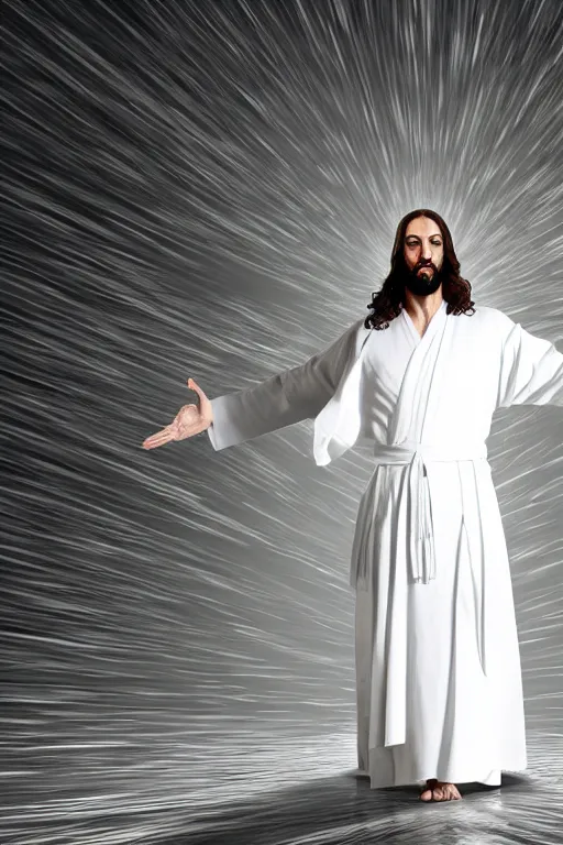 Prompt: jesus christ wearing a white robe strikes a dance pose as the world ends around him, intricate, hyper detailed, accent lighting, dramatic light, 4 k octane render