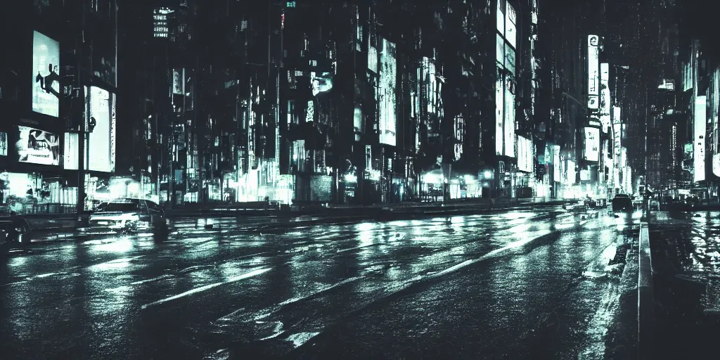 Prompt: a city street at night, raining, photograph, cars on the road, cyberpunk, sharp focus