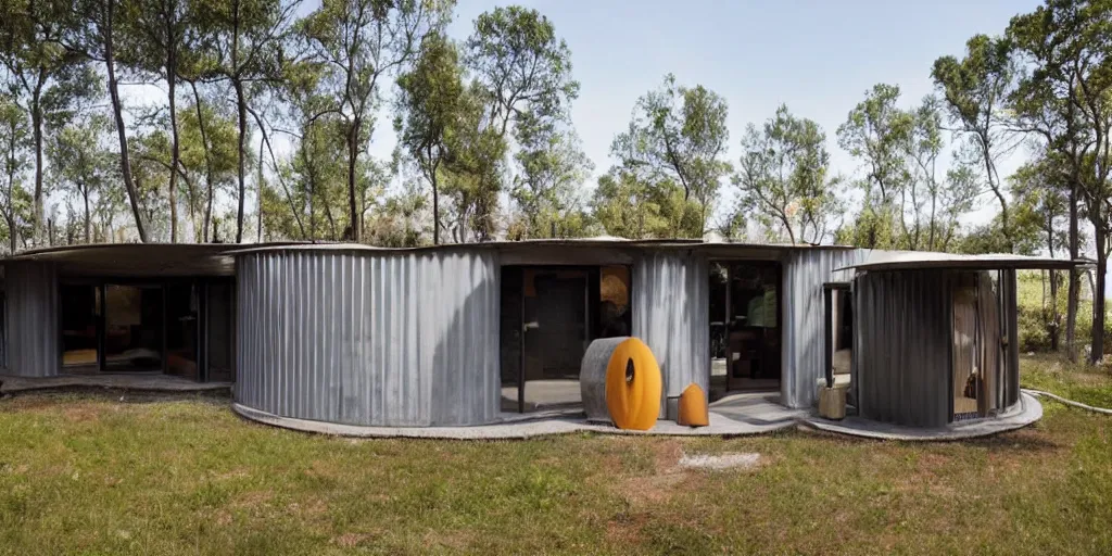 Prompt: modern residence, made from corrugated steel pipe, tube elements, round elements