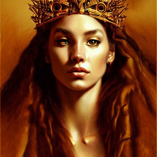 Prompt: highly detailed portrait of a majestic lioness queen in the form of a beautiful woman. d & d. art by eugene delacroix and james gurney. trending on artstation, intricate details, energetic composition, golden ratio, concept art, illustration, elegant art, global illuminaition