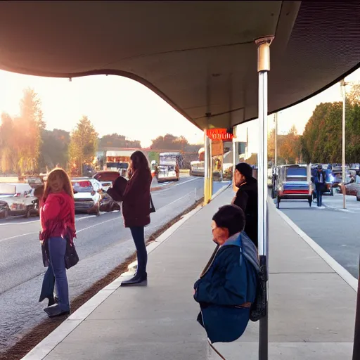 Prompt: photo of people waiting at bus stop, afternoon lighting
