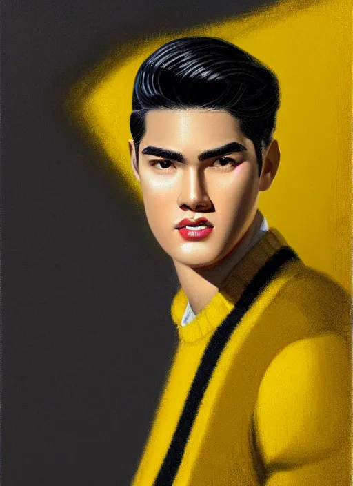 Image similar to portrait of young reggie mantle, mean smirk, egotistical, slicked back hair, striped yellow and black sweater, 1 9 5 0 s, intricate, elegant, glowing lights, highly detailed, digital painting, artstation, concept art, smooth, sharp focus, illustration, art by wlop, mars ravelo and greg rutkowski