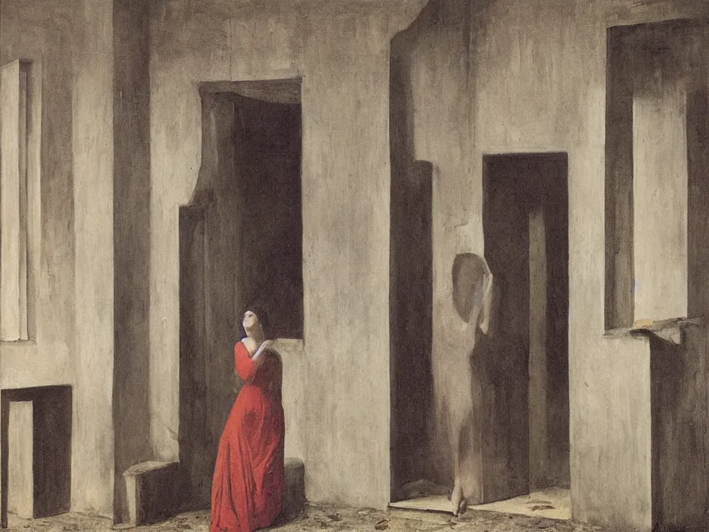 Image similar to woman standing in the doorway with coral. flood. painting by paul delvaux