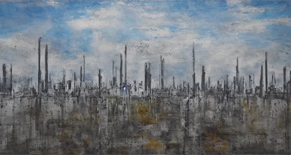 Prompt: world of only concrete, a flat endless plane of concrete covered in thin, very tall concrete pillars that go on to the horizon, vegetation retaking the world, open sky, blue sky with clouds, god rays, beautiful painting, oil on canvas, by Ewa Czarniecka, award winning masterpiece,