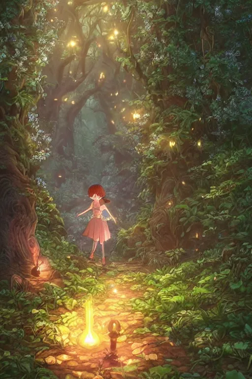 Prompt: forest path, fairy, beautiful ancient trees, hiding large treasure chest, glowing fireflies, serene evening atmosphere, soft lens, soft light, cel - shading, animation, in the style of cgsociety, deviantart, artstation, zbrush, cinema 4 d, studio ghibli, akihiko yoshida, atelier lulua, masamune shirow