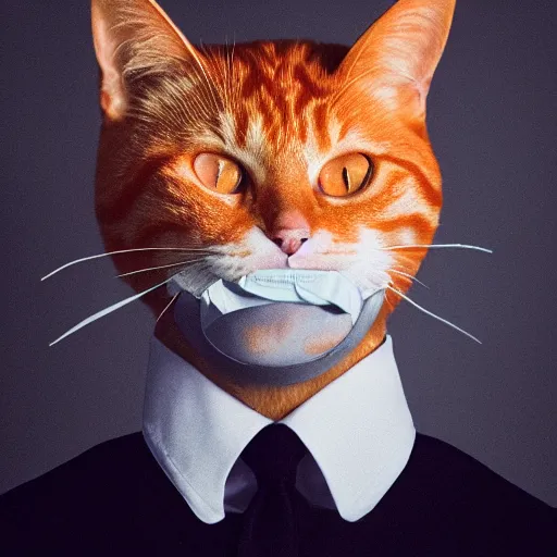 Image similar to high quality photo of a man in a police officer uniform wearing a latex mask of a realistic looking orange/white tabby cat on a dark bg, lit from below by James Jean, natural lighting