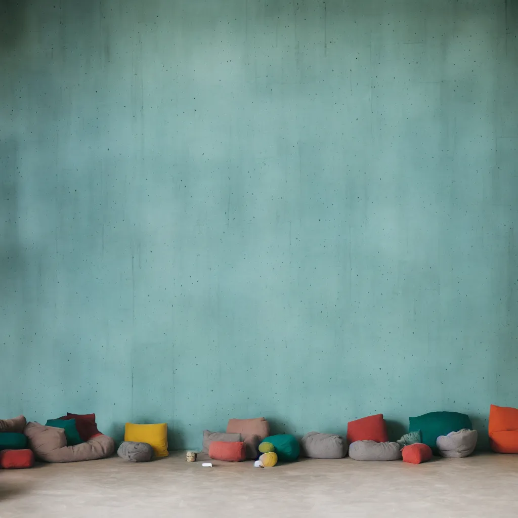 Prompt: kodak portra 4 0 0, 8 k, shot of a highly detailed, britt marling style, colour still - life portrait of a large minimalistic room, rough concrete walls, a single rough carved wooden teal, cannabis store with comfortable beanbags, muted colours