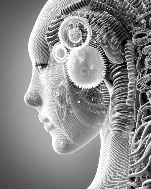 Image similar to mythical dreamy black and white organic translucent bio-mechanical spinal ribbed profile face portrait detail of mechanical beautiful female angelic-snowy-cyborg, highly detailed, intricate crystal jelly steampunk ornate, poetic, 3D render, digital art, octane render, 8K artistic photography, photo-realistic, by Dora Maar