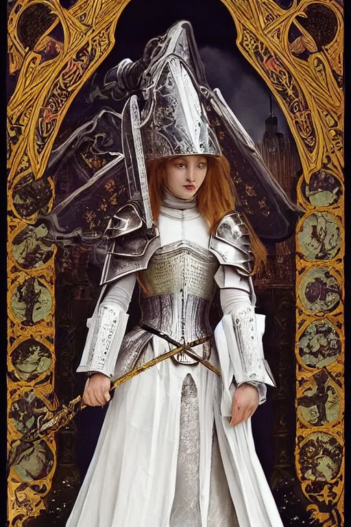 Image similar to beautiful luxury and holy and victorian and divine young northern europe female medieval white armor knight portrait like lisa blackpink+shinny eyes+front face with light flowing hair, ultradetail face, ruined gothic cathedral, art and illustration by tian zi and craig mullins and WLOP and alphonse mucha, ssci-fi, fantasy, intricate complexity, human structure, hypermaximalist, fantasy character concept, dynamic lighting, neon light, watermark, blurry, hyperrealism 8k