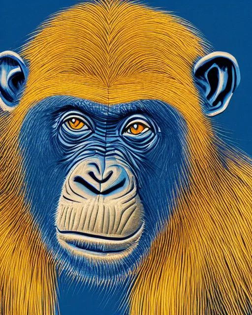 Image similar to gold, blue, illustration of a chimpanzee, 8 k, 8 5 mm f 1. 8